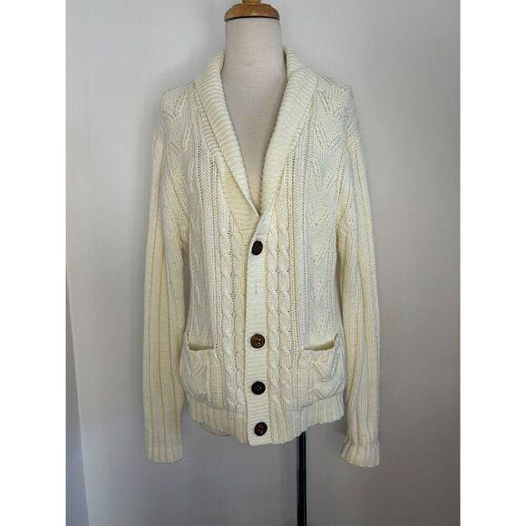 Vintage Sears Button Sweater Cable Knit Cardigan Cream Pockets Cobain M Grunge - Picture 1 of 5